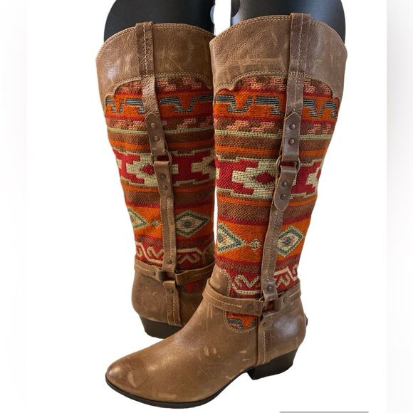 Sofft Porter Aztec Blanket Leather Tall Harness Boots Size 7 - Picture 1 of 11